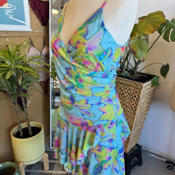 UO Alex Blue Blur Print Ruffle Wrap Mini Dress – Like New - Picture 2 of 3